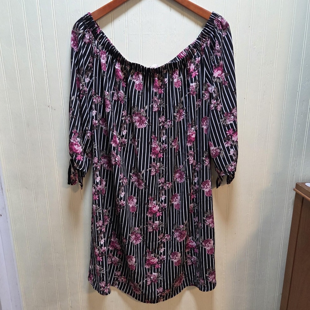 Stella Tweed Dress Womens 1X Black Floral Stripe Off Shoulder 3/4 Sleeve Short